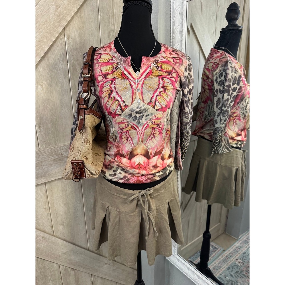 VTG Y2K Pink Cheetah & Rhinestone Butterfly Henley Top - Size PP